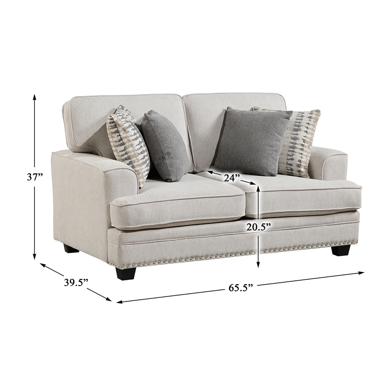 Pemberly Row Chenille Love Seat with Nailhead Trim and Pillows in Sand