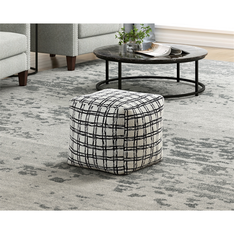 Pemberly Row Jacquard Patterned Square Accent Pouf 300 lbs in Black and White