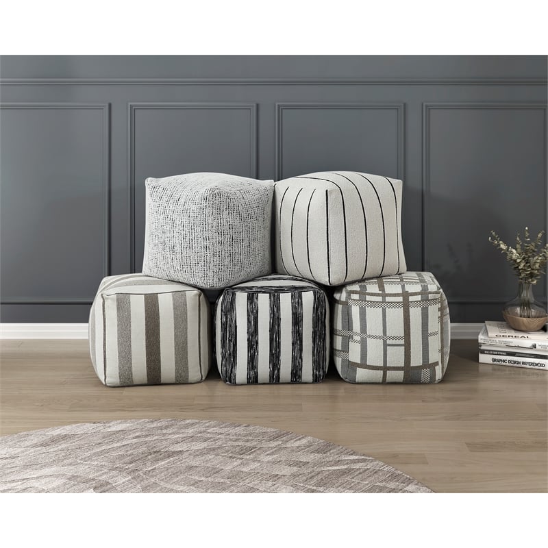 Pemberly Row Jacquard Striped Square Accent Pouf 300 lbs in Black and White