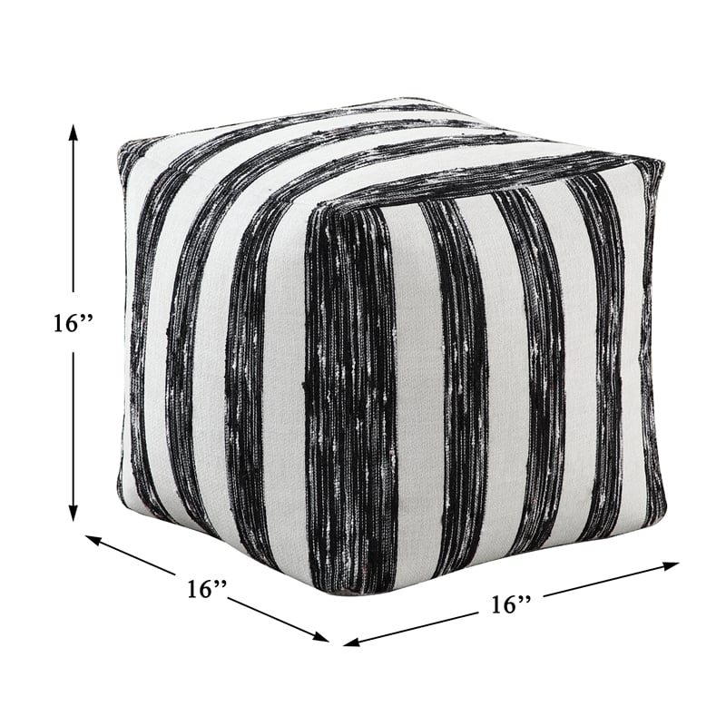 Pemberly Row Jacquard Striped Square Accent Pouf 300 lbs in Black and White