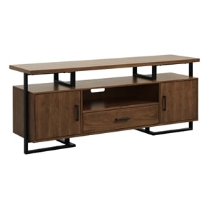 Pemberly Row 68&quot TV Stand with Drawers and Cabinets in Walnut and Black