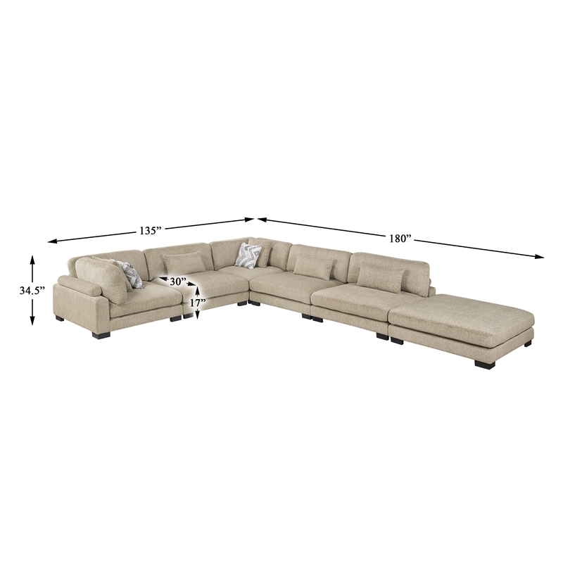 Pemberly Row Microfiber 6-Piece Modular Sectional with Ottoman 300 lbs in Brown