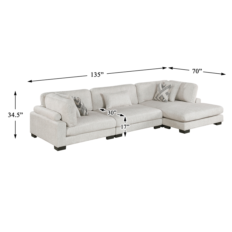 Pemberly Row Microfiber 3-Piece Modular Sectional with Chaise 300 lbs in Beige