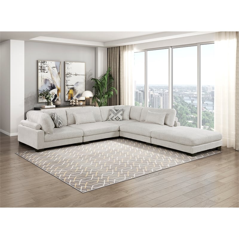 Pemberly Row Microfiber 5-Piece Modular Sectional with Ottoman 300 lbs in Beige