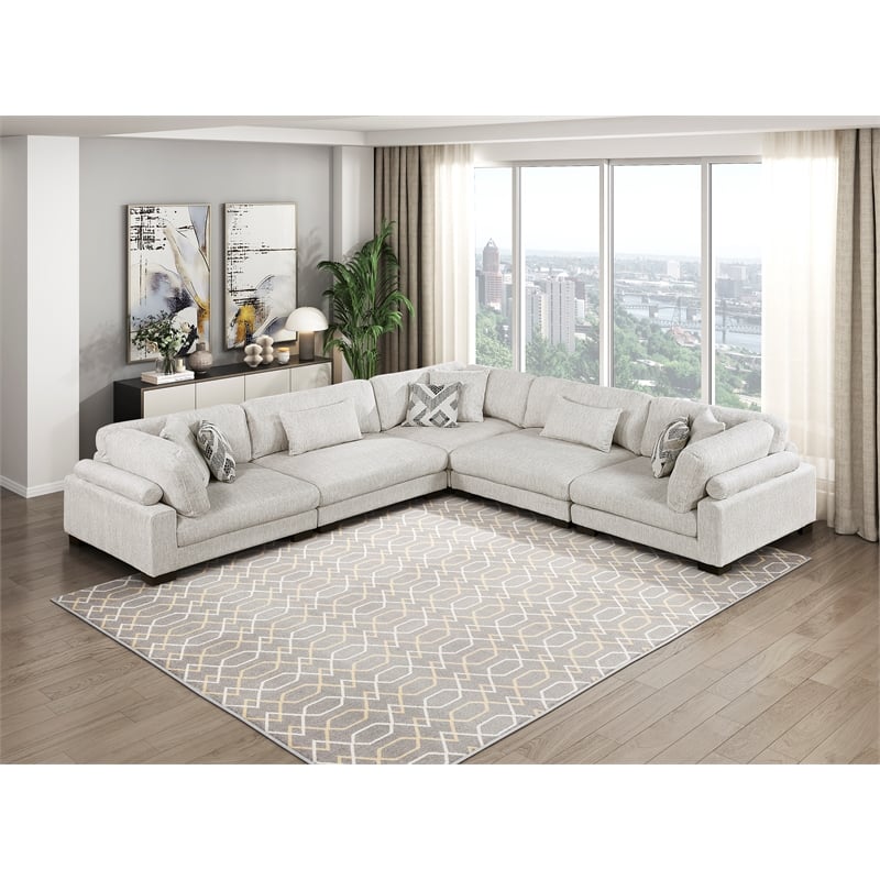 Pemberly Row Microfiber 5-Piece Modular Sectional with Pillows 300 lbs in Beige