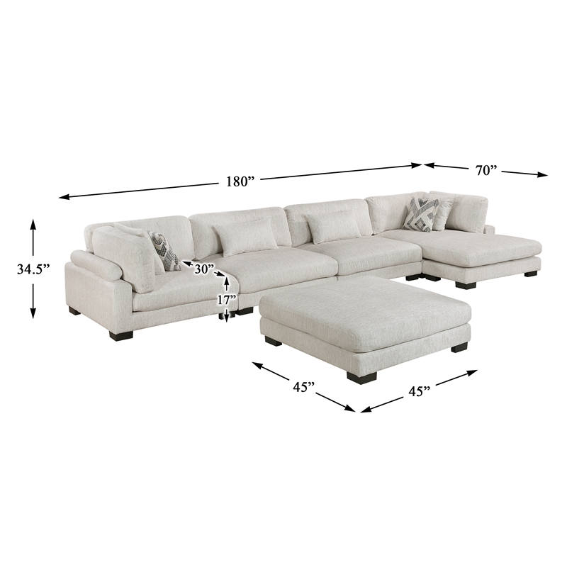 Pemberly Row Microfiber 5-Piece Modular Sectional with Chaise & Ottoman in Beige