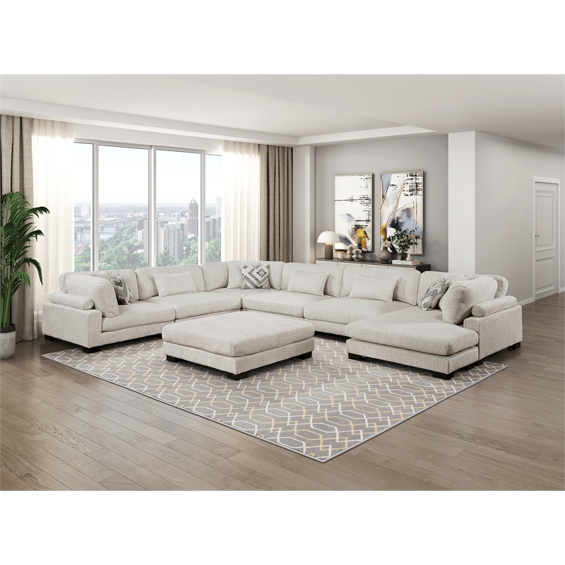 Pemberly Row Microfiber 7-Piece Modular Sectional with Chaise & Ottoman in Beige