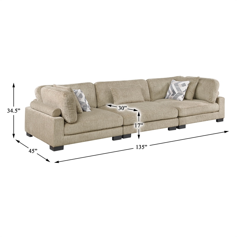 Pemberly Row Microfiber 3-Piece Modular Sofa with Pillows 300 lbs in Brown