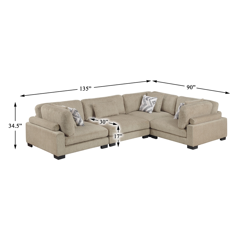 Pemberly Row Microfiber 4-Piece Modular Sectional with Pillows 300 lbs in Brown