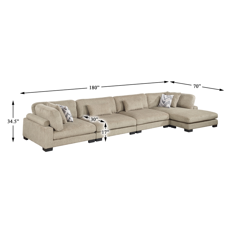 Pemberly Row Microfiber 4-Piece Modular Sectional with Chaise 300 lbs in Brown
