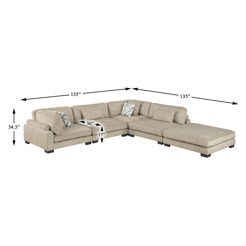 Pemberly Row Microfiber 5-Piece Modular Sectional with Ottoman 300 lbs in Brown