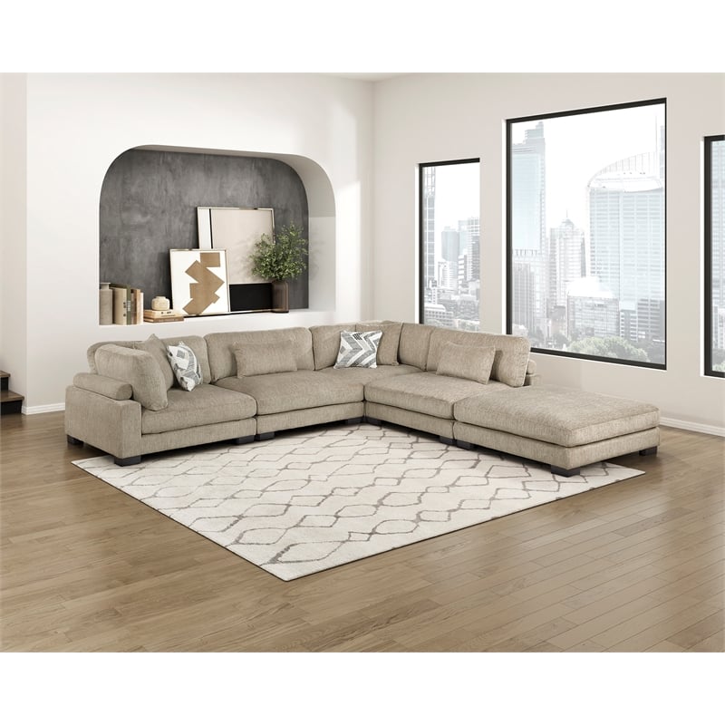 Pemberly Row Microfiber 5-Piece Modular Sectional with Ottoman 300 lbs in Brown