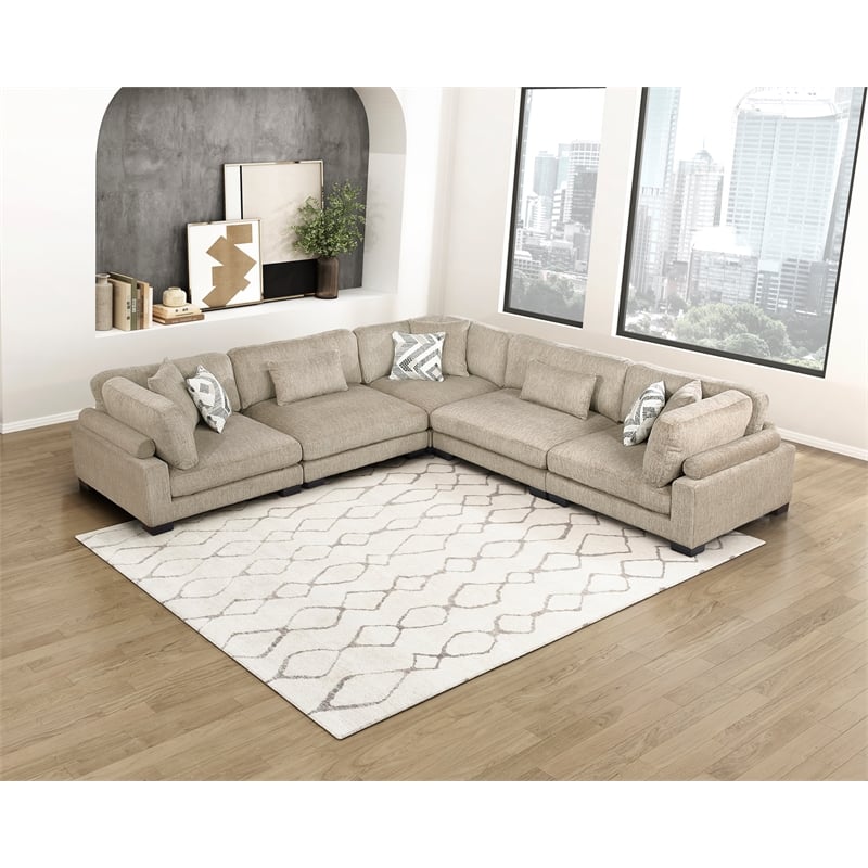 Pemberly Row Microfiber 5-Piece Modular Sectional with Pillows 300 lbs in Brown