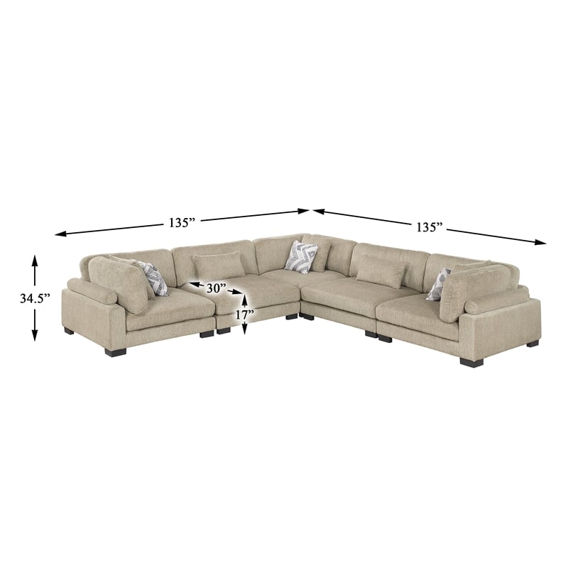 Pemberly Row Microfiber 5-Piece Modular Sectional with Pillows 300 lbs in Brown