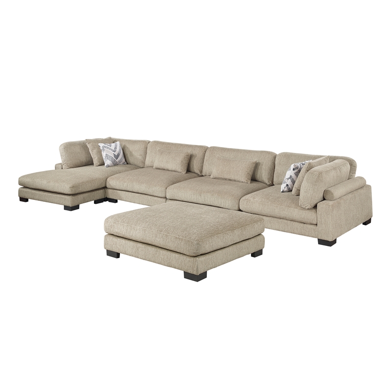 Pemberly Row Microfiber 5-Piece Modular Sectional with Chaise & Ottoman in Brown