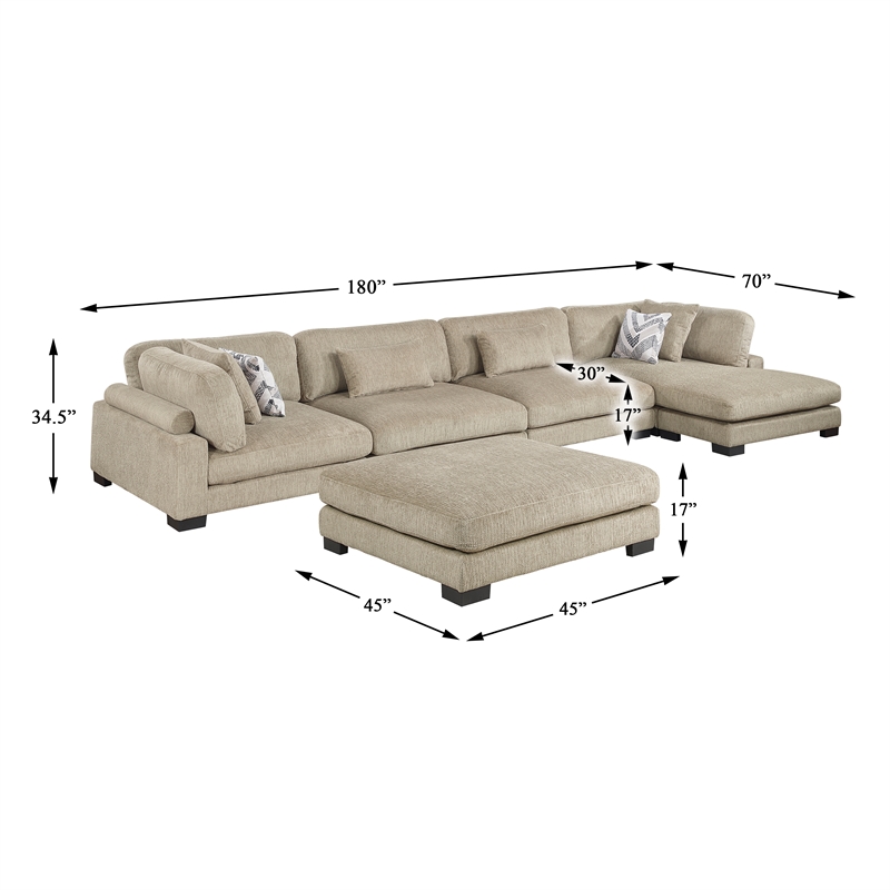 Pemberly Row Microfiber 5-Piece Modular Sectional with Chaise & Ottoman in Brown