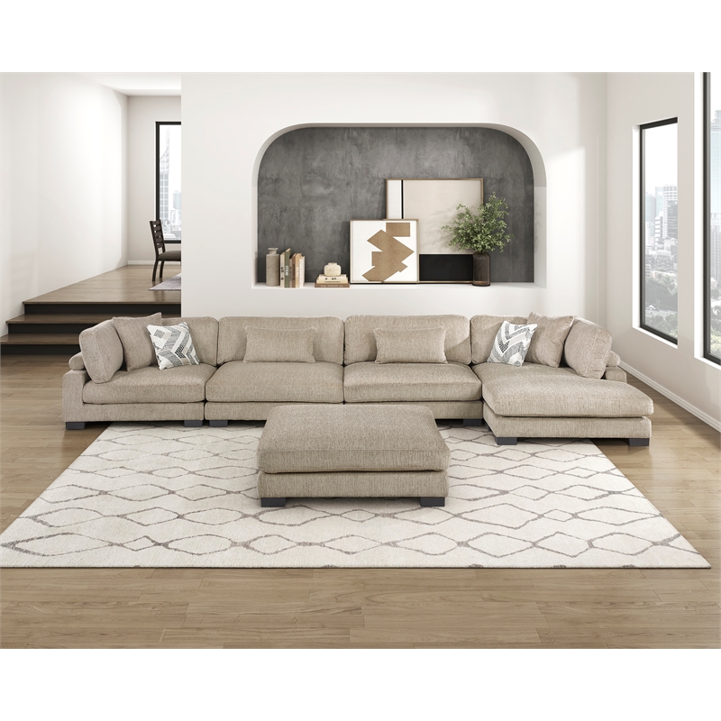 Pemberly Row Microfiber 5-Piece Modular Sectional with Chaise & Ottoman in Brown