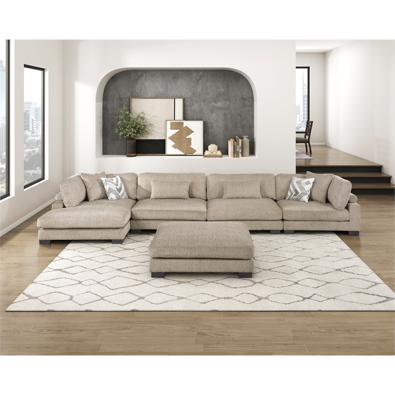 Pemberly Row Microfiber 5-Piece Modular Sectional with Chaise & Ottoman in Brown