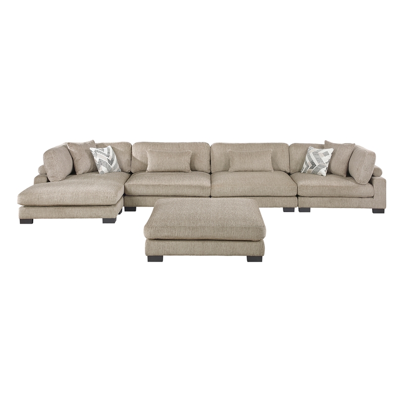 Pemberly Row Microfiber 5-Piece Modular Sectional with Chaise & Ottoman in Brown