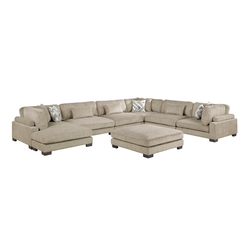 Pemberly Row Microfiber 7-Piece Modular Sectional with Chaise & Ottoman in Brown