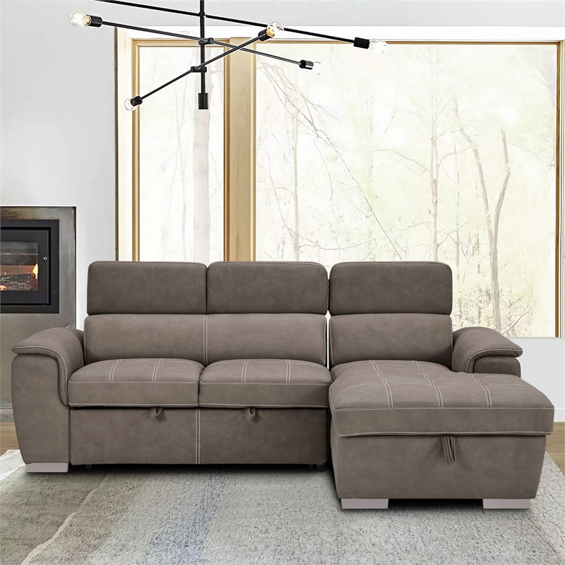 Pemberly Row Microfiber Sectional with Pull-Out Bed and Storage in Taupe