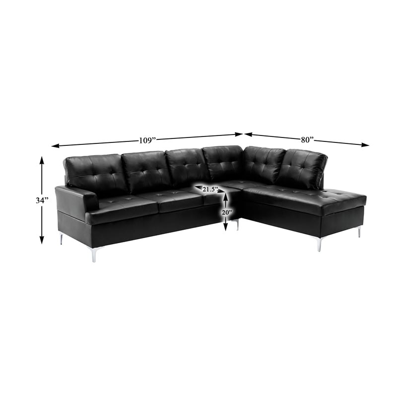 Pemberly Row Faux Leather Tufted Sectional with Chaise in Black
