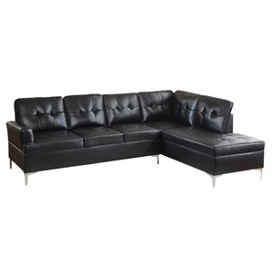 Pemberly Row Faux Leather Tufted Sectional with Chaise in Black