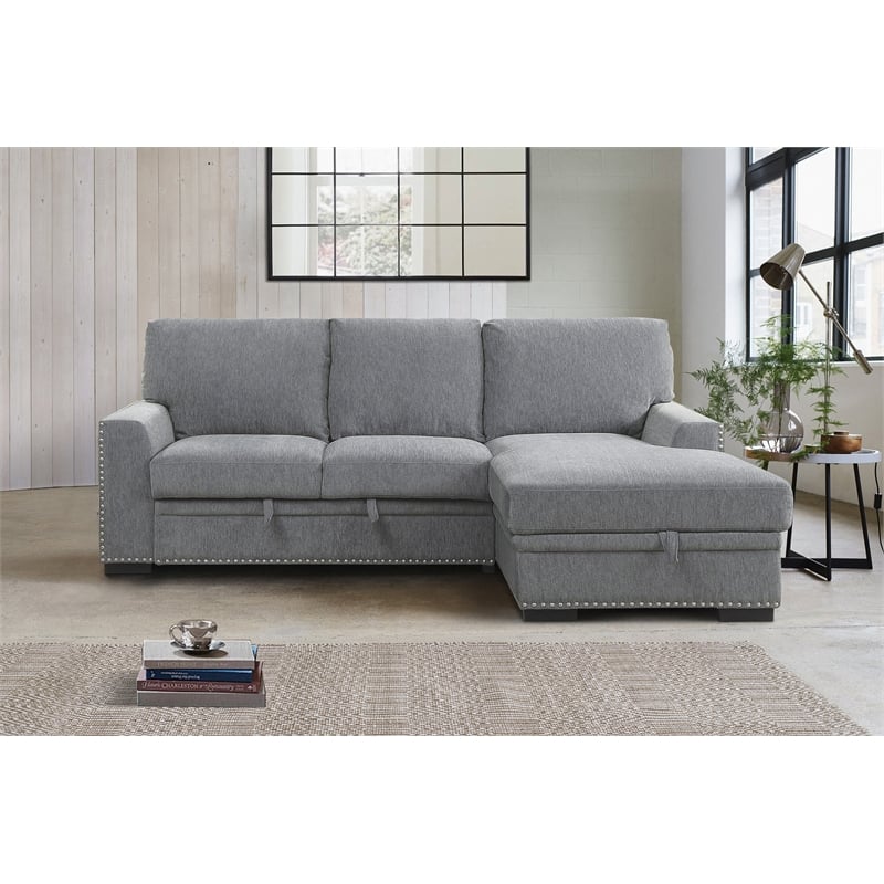 Pemberly Row Chenille Sectional with Pull-Out Bed and Storage in Dark Gray