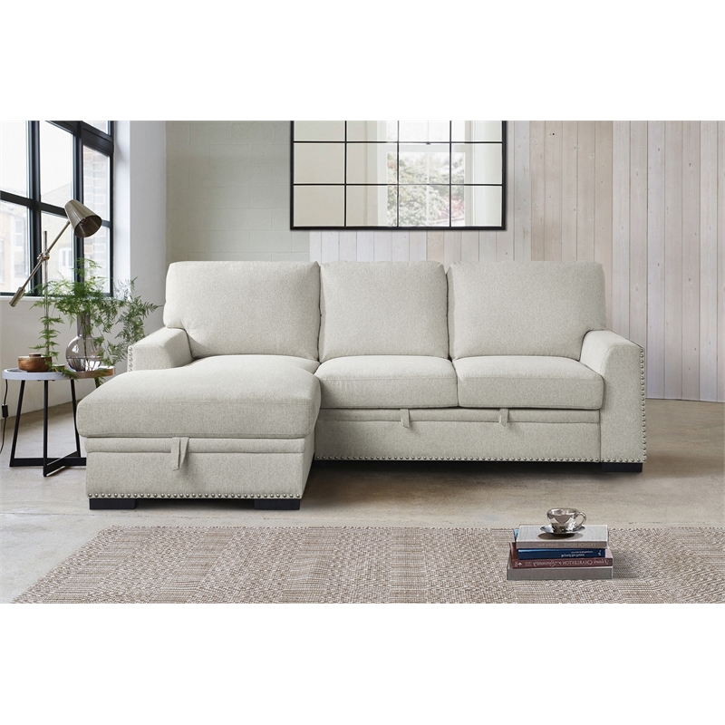 Pemberly Row Chenille Sectional with Left Chaise Pull-Out Bed & Storage in Beige