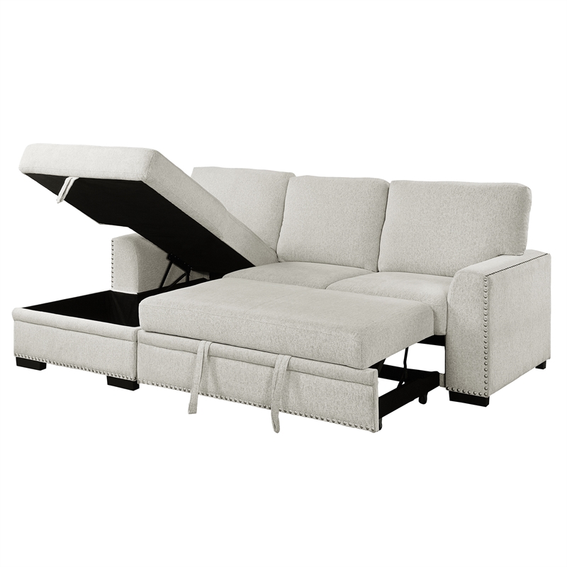 Pemberly Row Chenille Sectional with Left Chaise Pull-Out Bed & Storage in Beige