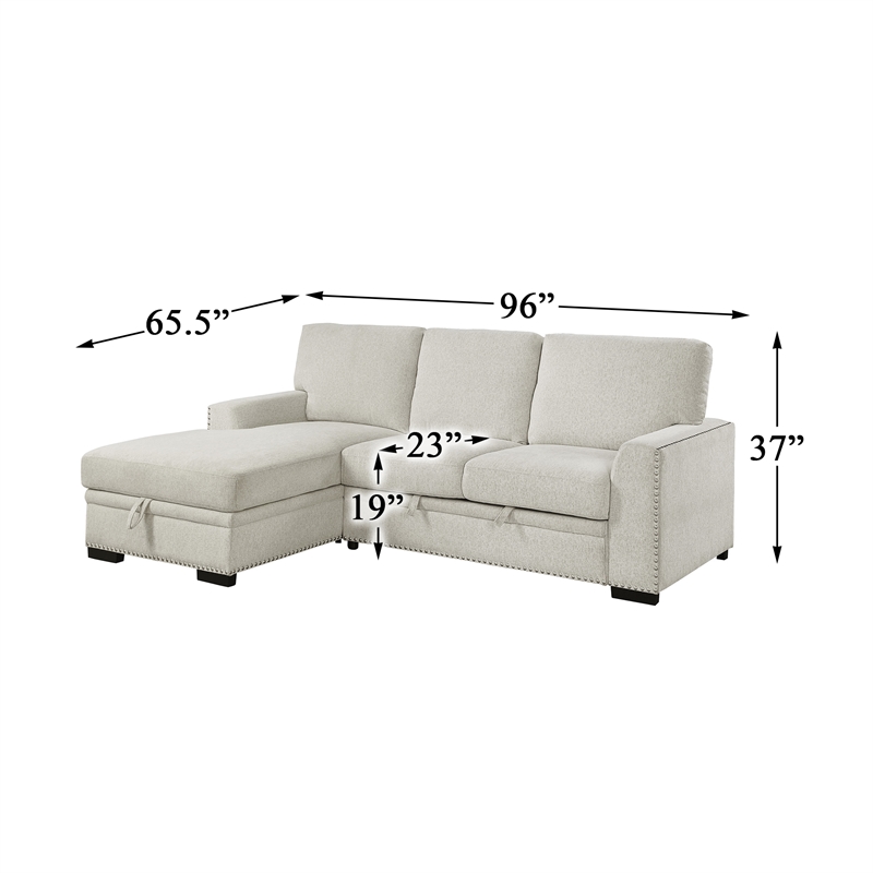 Pemberly Row Chenille Sectional with Left Chaise Pull-Out Bed & Storage in Beige