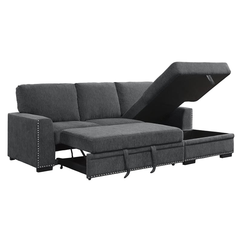 Pemberly Row Chenille Sectional with Right Chaise Pull-Out Bed & Storage in Gray