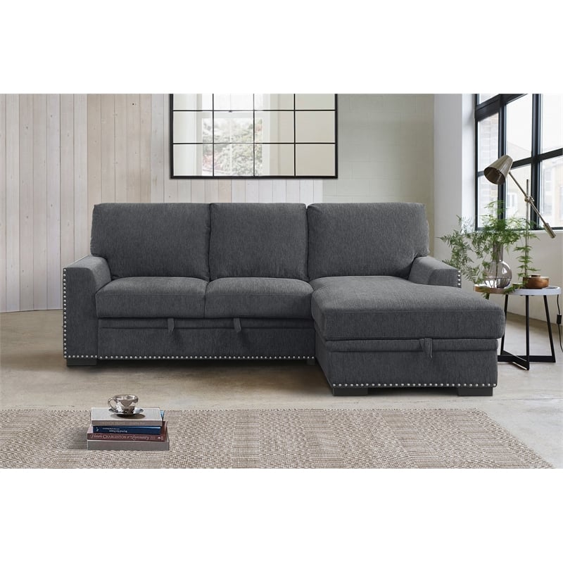 Pemberly Row Chenille Sectional with Right Chaise Pull-Out Bed & Storage in Gray