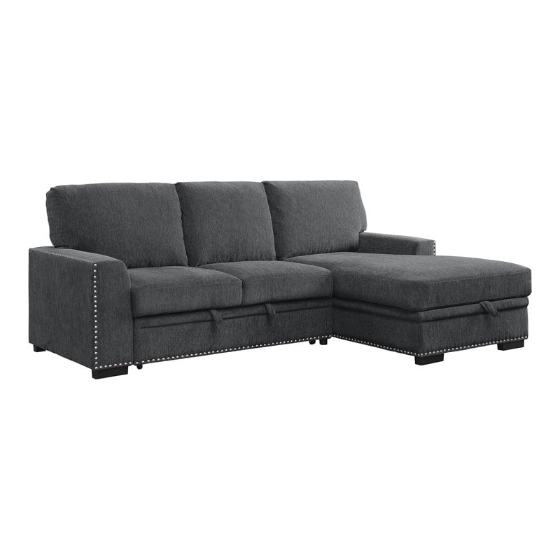 Pemberly Row Chenille Sectional with Right Chaise Pull-Out Bed & Storage in Gray