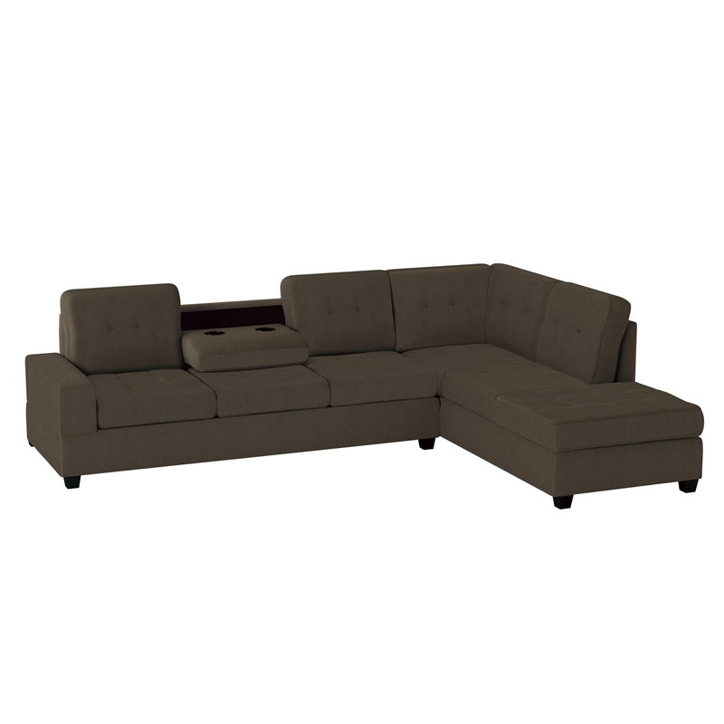Pemberly Row Reversible Sectional with Drop-Down Cup Holders in Chocolate