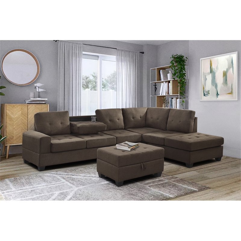Pemberly Row Reversible Sectional with Drop-Down Cup Holders in Chocolate