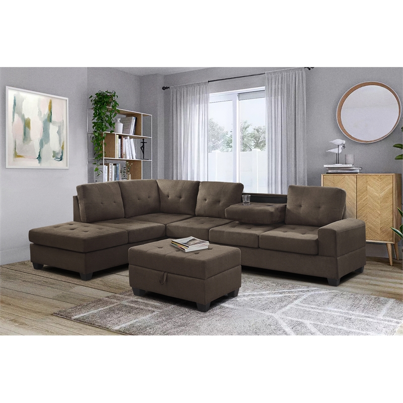 Pemberly Row Reversible Sectional with Drop-Down Cup Holders in Chocolate
