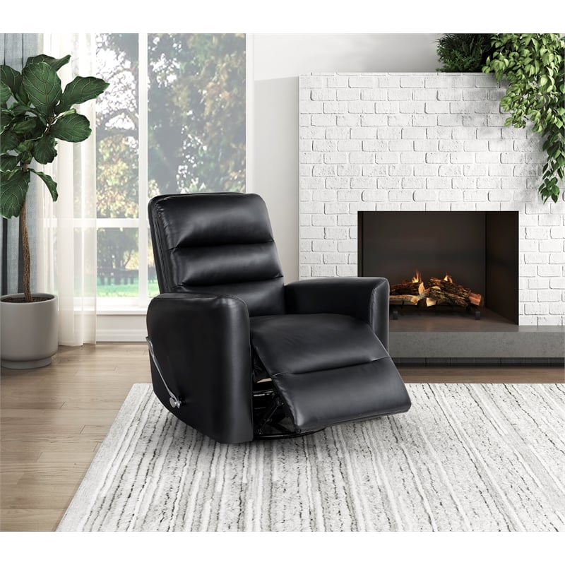 Pemberly Row Faux Leather Swivel Glider Recliner 300 lbs in Black