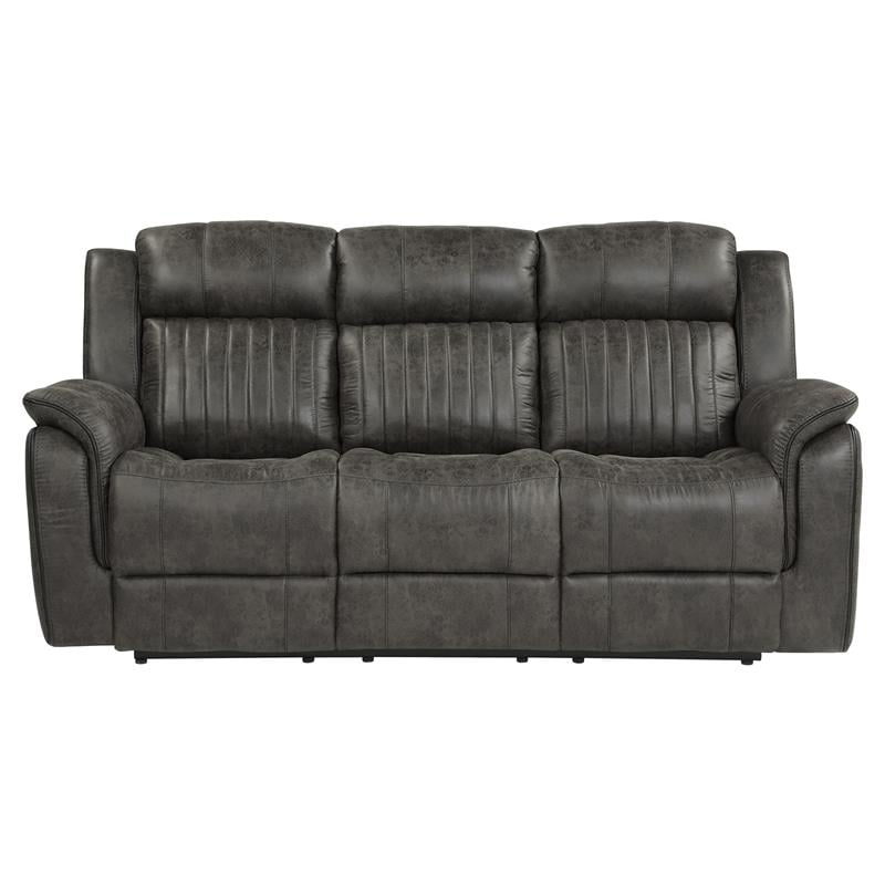 Pemberly Row Microfiber Double Reclining Tufted Sofa with Pillow Arms in Gray