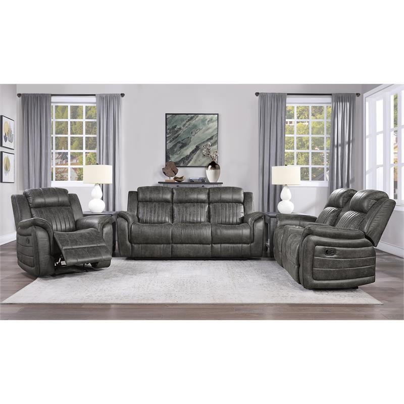 Pemberly Row Microfiber Double Reclining Tufted Sofa with Pillow Arms in Gray