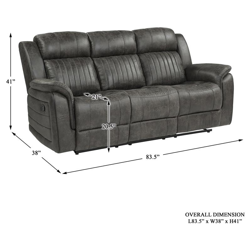 Pemberly Row Microfiber Double Reclining Tufted Sofa with Pillow Arms in Gray