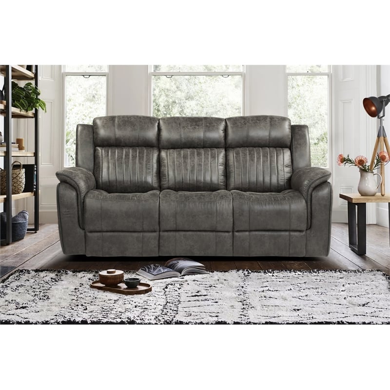 Pemberly Row Microfiber Double Reclining Tufted Sofa with Pillow Arms in Gray
