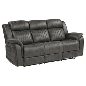Pemberly Row Microfiber Double Reclining Tufted Sofa with Pillow Arms in Gray