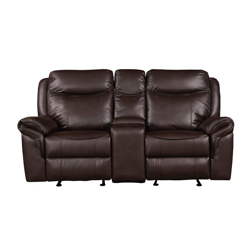 Pemberly Row Double Glider Reclining Love Seat with Console in Dark Brown