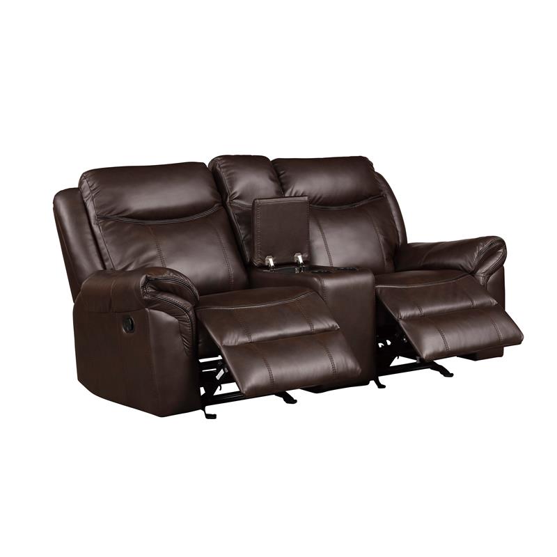 Pemberly Row Double Glider Reclining Love Seat with Console in Dark Brown
