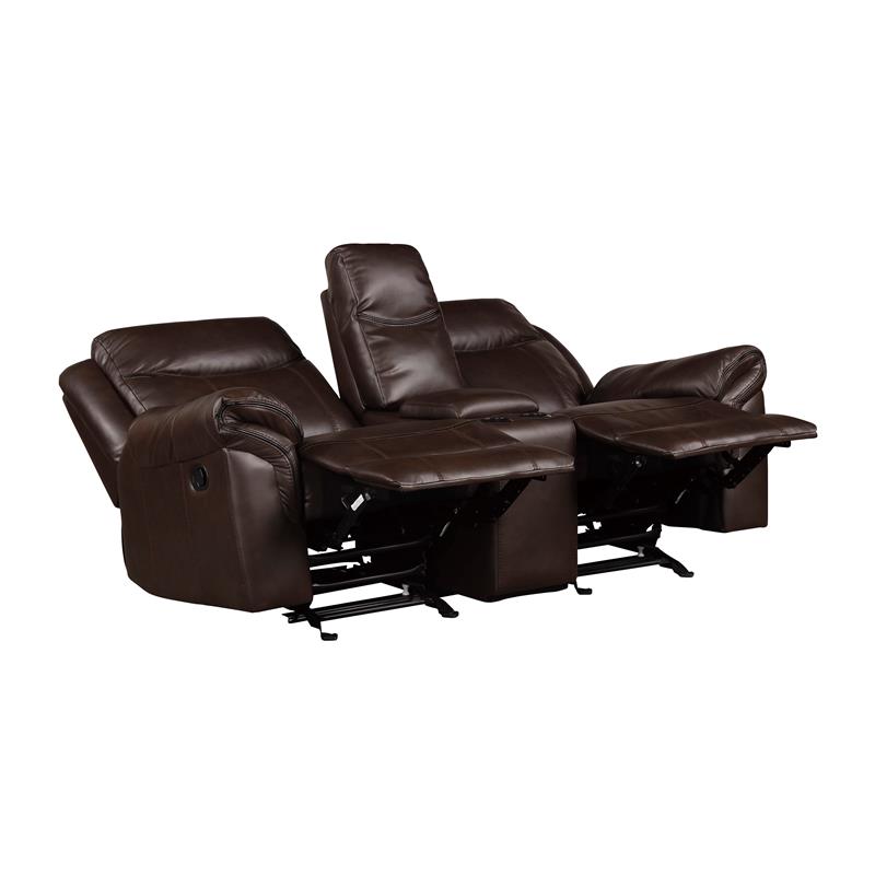 Pemberly Row Double Glider Reclining Love Seat with Console in Dark Brown