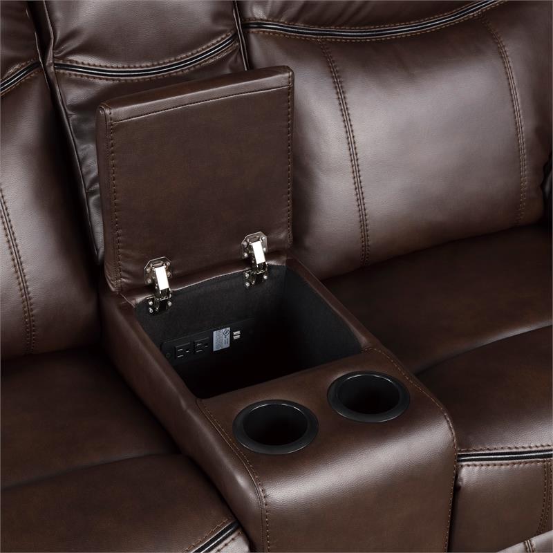 Pemberly Row Double Glider Reclining Love Seat with Console in Dark Brown