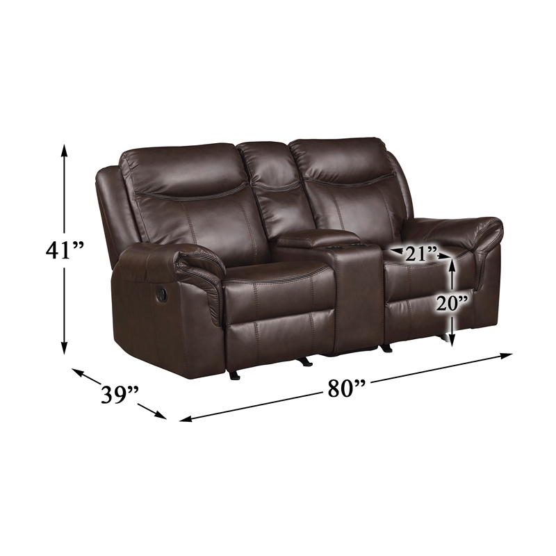Pemberly Row Double Glider Reclining Love Seat with Console in Dark Brown