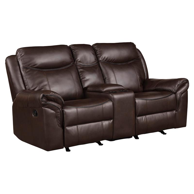 Pemberly Row Double Glider Reclining Love Seat with Console in Dark Brown