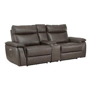 Pemberly Row 93.5&quot Leather Power Reclining Loveseat with USB & Console in Brown